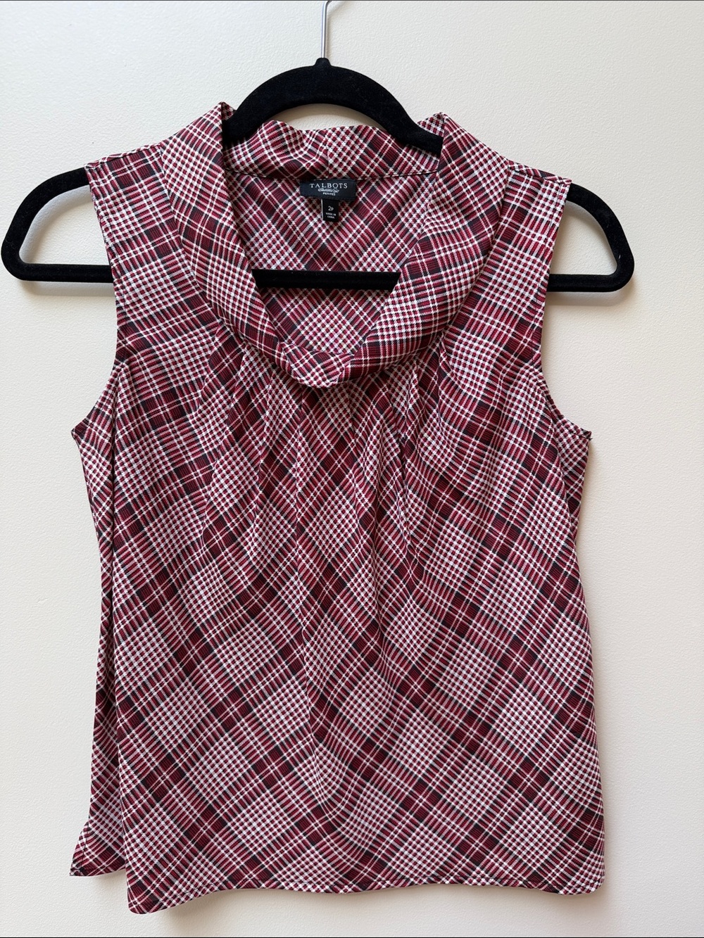 Talbots Burgundy and White Plaid Sleeveless Cowl Neck Top 100% Silk